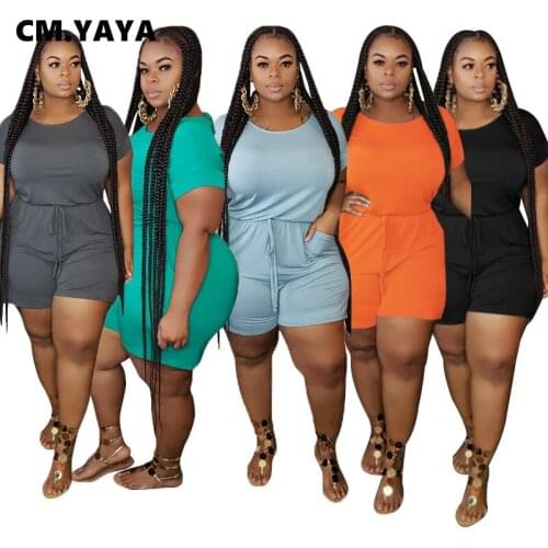 CM.YAYA Women Plus Size with Sashes Playsuit Solid Active Short Sleeve Elastic Basic Romper Overalls S-5XL