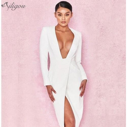 Ailigou Autumn Sexy Dress White Dress Tight-Fitting WomenS Mid-Length Party Dress New Tight-Fitting Dress Celebrity Party Dress