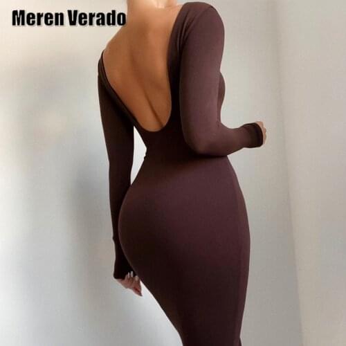 Meren Verado Nude Solid Bodycon Women Dress Long Sleeve Fashion Skinny Clubwear Outfits Open Back Midi Dresses Basic Slim Female