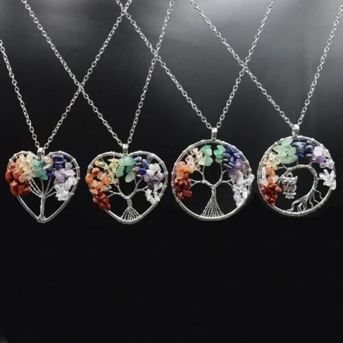Quartz Natural Stone Chakra Neckace Tree of Life Pendant Necklace for Women Healing Crystal Pendant Necklaces Reiki Jewelry