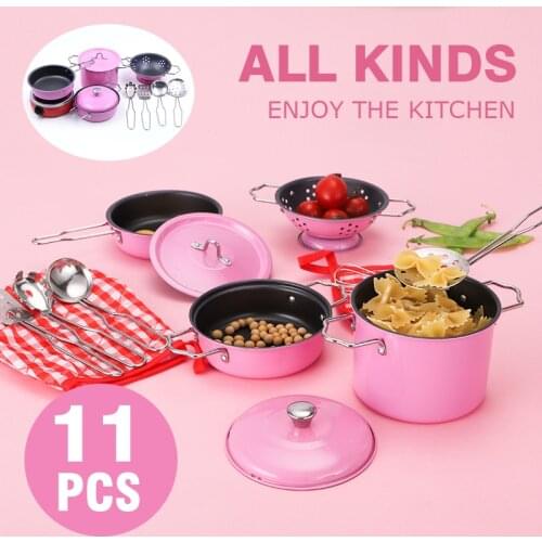 11pcs Kids Pretend Play House Kitchen Toys Set Stainless Steel Cooking Pots Pretend Cook Play Toy Simulation Kitchen Cooking Toy