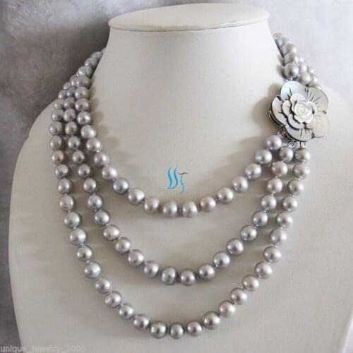 17-21" 8-9mm Gray Freshwater Pearl Necklace Shell Clasp Jewelry