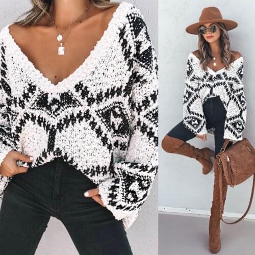 2021 Autumn Winter Loose Womens Knitwear Sweaters Sexy V-Neck Korean Print Knitted Casual Oversized Knit Sweater Pullovers