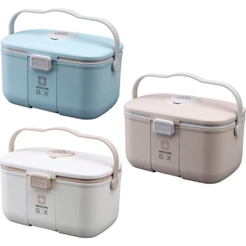 Household Large Capacity Medicine Storage Box with Small Pill Organizer Handle Double Layer Removable Tray First Aid Bin
