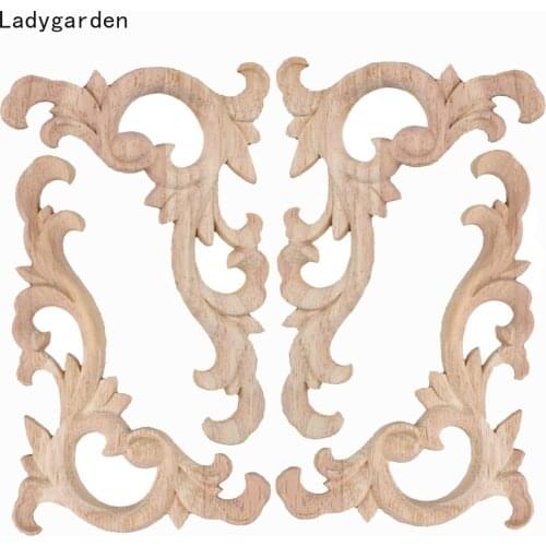 4PCS Wood Applique Mouldings Wooden Decal Onlay Carved Decor Wooden Statues Home Decoration Window Decoration Corner Sculptures