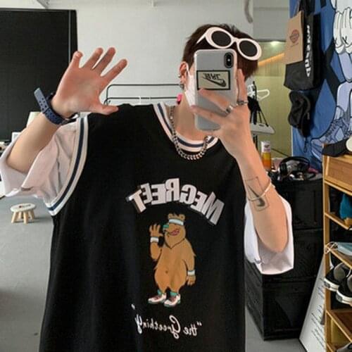 T-shirt Boys Summer Fake Two Trendy Hip-hop Wild Loose Handsome Personality Street Basketball Uniform Cartoon Bear