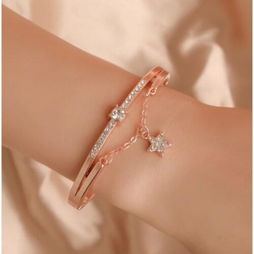 GorGor Bangles Women Fashion Statement Five-pointed Star Pendant Rose Gold Color Double layer Creative Sweet Jewelry 19031245