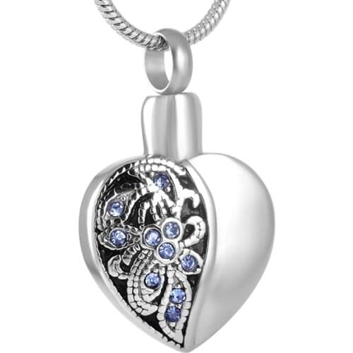 IJD8318 Crystal Flower Engraved Heart Urn Pendant Charm Cremation Necklace for Ashes Stainless Steel Funeral Keepsake Jewelry