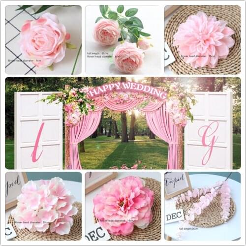 Pink Color Artificial Flower Wedding Rose Peony Hydrangea Plant Bouquet Wedding Decoration DIY Home Party Fake Flowers