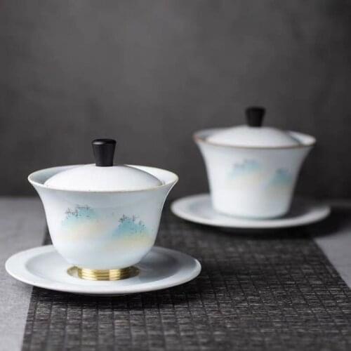 Copper Bottom Tureen Single Bowl Ceramic Retro Sancai gai wan cha Cup Home Tea Tea Bowl Kung Fu Tea sopera de ceramica gaiwan