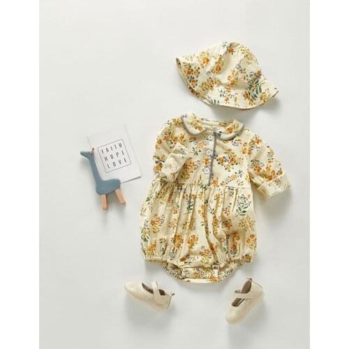 Korean Style Infant Clothing Set Autumn Spring Baby Girls Long Sleeve Floral Ruffles Romper+Hat 2pcs Suits Lovely Baby Clothing