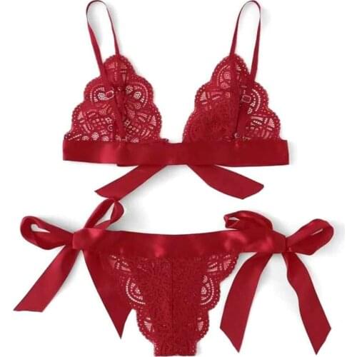 2021 New Lingerie Set Hot Women Bikini Bra set Fashion Sexy Lace Underwear Bow Bandage Brassiere+Panty Three point Sexy Lingerie