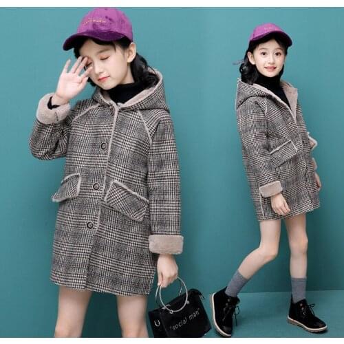 Girls Fashion Winter Plush Warm Coat Fur One Piece Woolen Coat Girls Little Plaid Windbreaker Coat Kids Winter Jacket