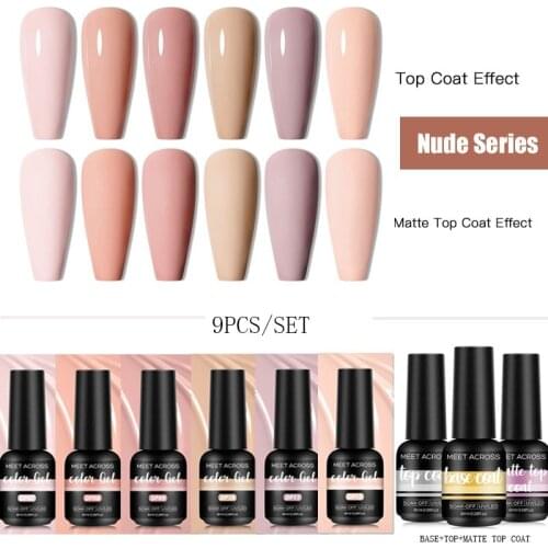 MEET ACROSS Nail Polish Set Nude Pink Glitter Gel Varnishes Kit Soak Off UV LED Gel Semi Permanent Nail Art Base Gel Top Coat Se