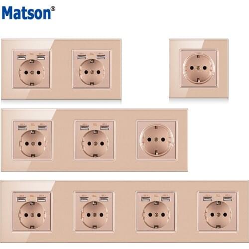 Matson EU Wall Socket Dual USB 2.1A Wall Charger Socket German Bayer Base 110-250V Schuko Plug Multiple Tempered Glass Panel 16A