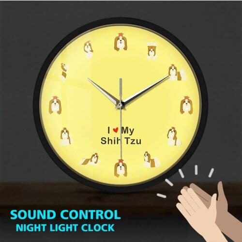 Shih Tzu Dog Metal Frame Luminous Wall CLock Sound Control Chinese Lion Dog Breed Cartoon Puppy Animal Design Hanging Wall Watch