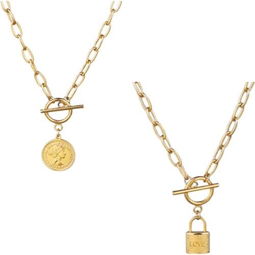 Stainless Steel Necklace For Women Vintage Coin Lock Pendant Multiple Layered Necklaces Gothic Thick Chain Necklace Jewelry Gift