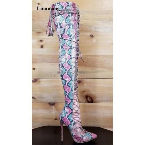Western Style Sexy Pointed Toe Snake Leather Over Knee Stiletto Heel Gladiator Boots Cut-out Lace-up Slim Long High Heel Boots