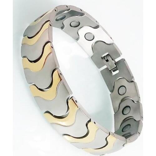 Gold Plated Matte Stainless Steel Bracelet Men Jewelry Healing Benefit with Chrome Finish Strong Magnet Arthritis Pain Relieve