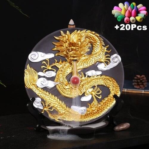 With 20Cones Auspicious Gold Dragon With Ball Incense Burner Aromatherapy Furnace Censer Home Decor Office Ornament