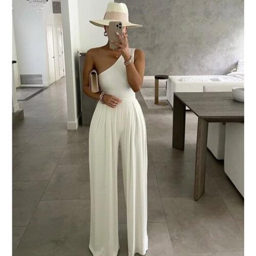 Sexy Women One Shoulder Solid Jumpsuit Elegant Wide Leg Pants Femme Playsuit Summer Loose Beach Overalls Romper Pantalones Mujer