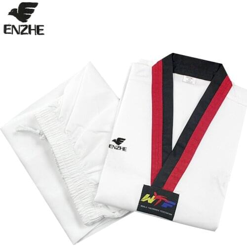 Hot sale Taekwondo Uniform Traditional white suite for kids adult student Tae kwon do dobok WTF approve Black V-Neck Uniforms