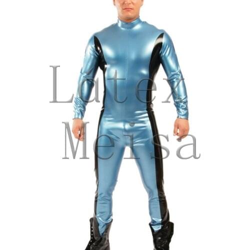 Bling metallic blue Zentai latex catsuit and decorative with black trim colors for men