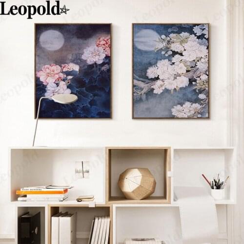 Modern Flower Front Moon Under Canvas Painting Chinese Style Peony Flower Night Scene Poster Retro Home Decoration