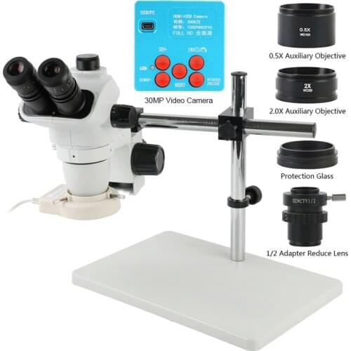 Simul-Focal 3.35X 6.7X 45X 90X Zoom Trinocular Stereo Microscope 30MP 1080P HDMI Industrial Inspection Soldering Video Camera