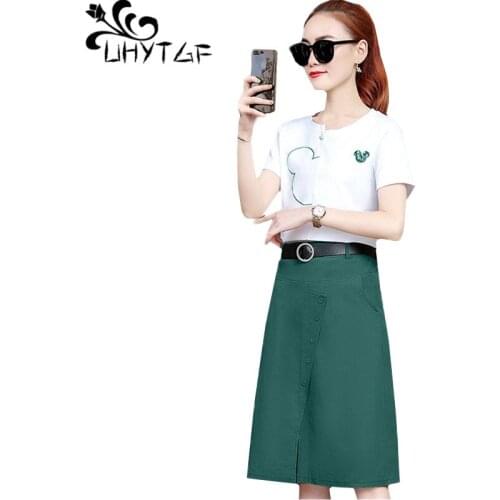 UHYTGF Cute girl summer two piece set dress fashion short sleeve pullover top elegant skirt set women loose plus size dress 1158