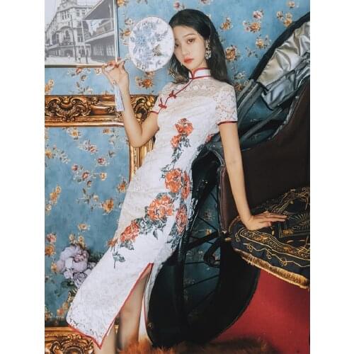 Chinese Party Vintage Floral Qipao Dress Slim Bodycon Traditional Long Robe Cheongsam Elegant Split Rose Floral Print Lady Dress