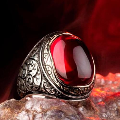 Vintage Real Pure 925 Sterling Silver Ring For Man Red Green Black Ruby And Zircon Natural Stone Handmade Turkish Jewelry