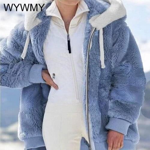 WYWMY Winter Hooded Jacket Women Coat Fashion Loose Plush Warm Casual Solid Color Zipper Pocket Teddy Overcoat Female Outwear