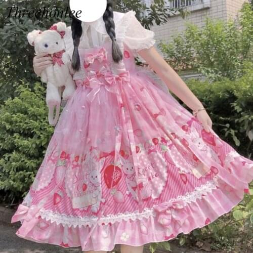Japanese Summer Girly Dresses Kawaii Lolita Sweet Rabbit Sleeveless JSK Dresses Elastic Ruffles Princess Party Cosplay Vestidos