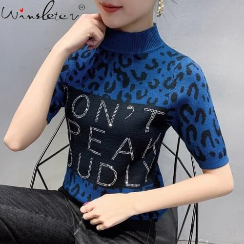 Summer European Clothes Knit T-Shirt Sexy Patchwork Shiny Diamonds Women Tops Short Sleeve Bottoming Shirt Tees New 2021 T13411A