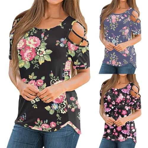 Women Short Sleeve Exposed One Shoulder Round Neck Sexy T-shirt Beautiful Flowers Print Blouse Top Daliy All-match Girls T-shirt