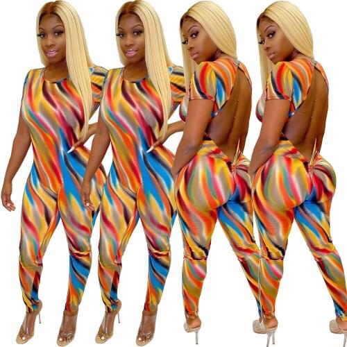 Full Sleeve Back Hollow Out Women Sexy Digital Print Women Jumpsuits