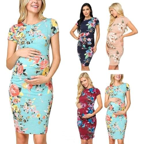 Women Maternity Dresses Fashion Short Sleeve O-neck Printed Pregnant Maternity Dress Flower Patry Clothes Pregnancy Clothing