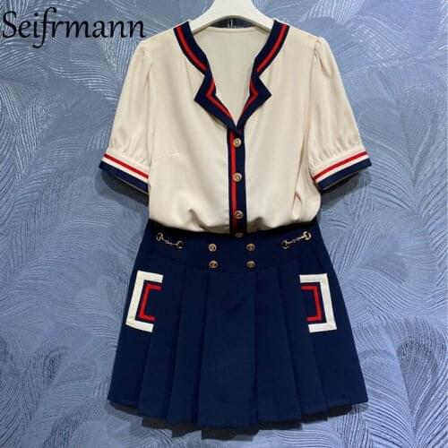 Seifrmann New 2021 Summer Women Fashion Designer Skirts Set Lantern Sleeve Loose Blouses + High Waist Pleated Short Skirts Suits