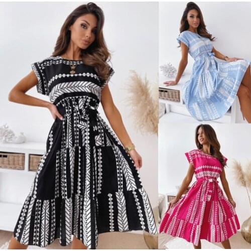 Womans Ruffle Stitching A-Line Splicing Dress Summer Dress With Belt Fashion Short Sleeve Round Neck Printed Irregular Dresses