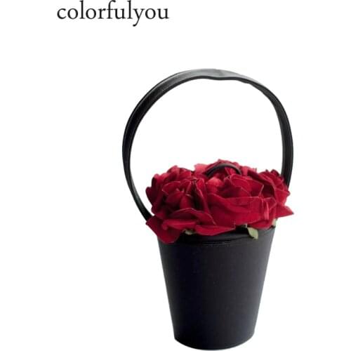 2021 NEW fashion retro women handbag Handmade Rose Flower Bucket bag women tote bag Evening Bags Party black Purses