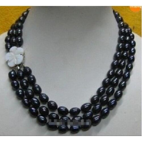 3 rows 10-12 Black natural Pearl Necklace 17"-19" beautiful clasp
