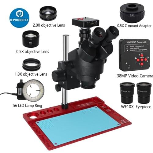 3.5-90X Zoom Trinocular Simul-Focal Stereo Microscope Aluminum Alloy Pad with 38MP HDMI VGA Video Camera For Phone PCB Repair