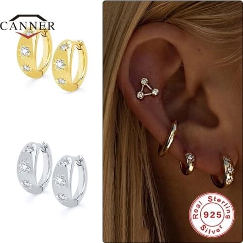 CANNER Real 925 Sterling Silver Small Hoop Earrings For Women Octagonal Star Round Piercing Earring Earings Jewelry Pendientes