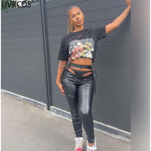 UVRCOS Faux Leather Pencil Trousers Sexy Vintage Hollow Out Side Lace Up High Waist Soft Hipster Bar Party Hot Cyber Y2K Clothes