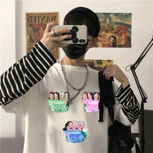 LOONA Kawaii Cartoon Summer O-neck T-shirt Long Sleeve Korean Fashion Women/men Tops Kpop Hip Hop Harajuku Fake Two Women Tshirt