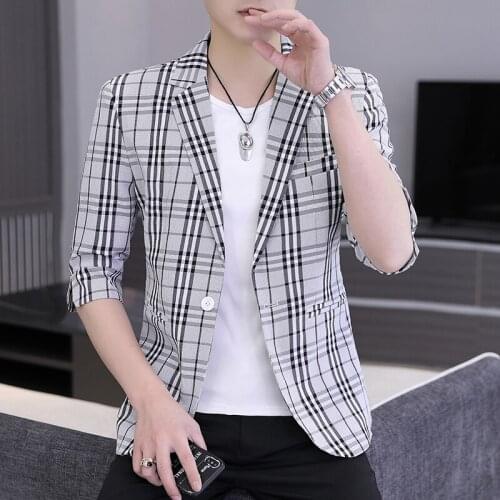 Seven minute sleeve suit male summer checked short sleeve single west jacket Korean version thin casual medium sleeve small suit