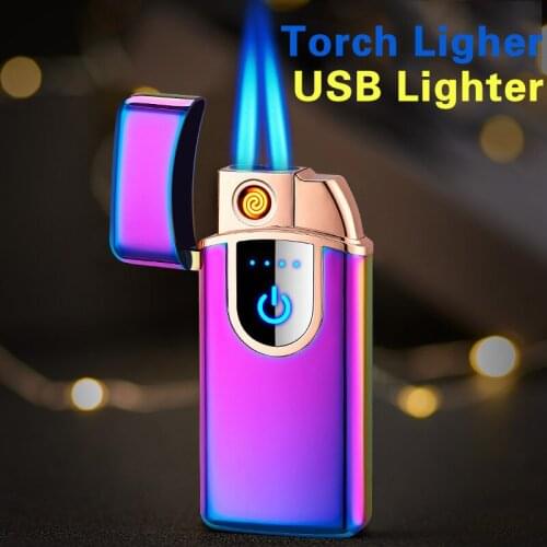 Creative Electric Tungsten USB Lighter Torch Jet Double Flame Lighters with Gas Window Windproof Multifunction