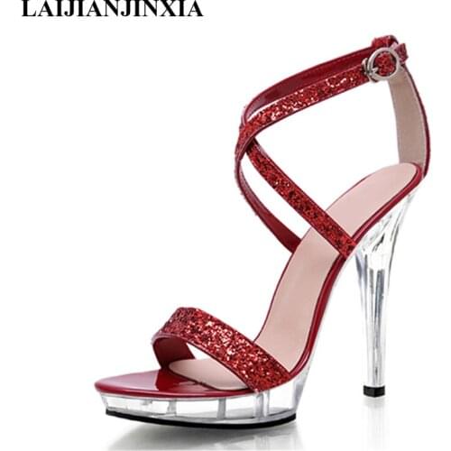 LAIJIANJINXIA New Crystal Ankle Strap Sandals 13 CM Sexy Super High Heel Platforms Fashion Womens Shoes, Pole dancing Shoes
