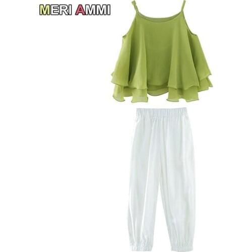MERI AMMI 2 pcs Clothing Set Children Girl Summer Outfit Chiffon Layered Vest+White Pants Outwear For 4-13 Year Baby Girl